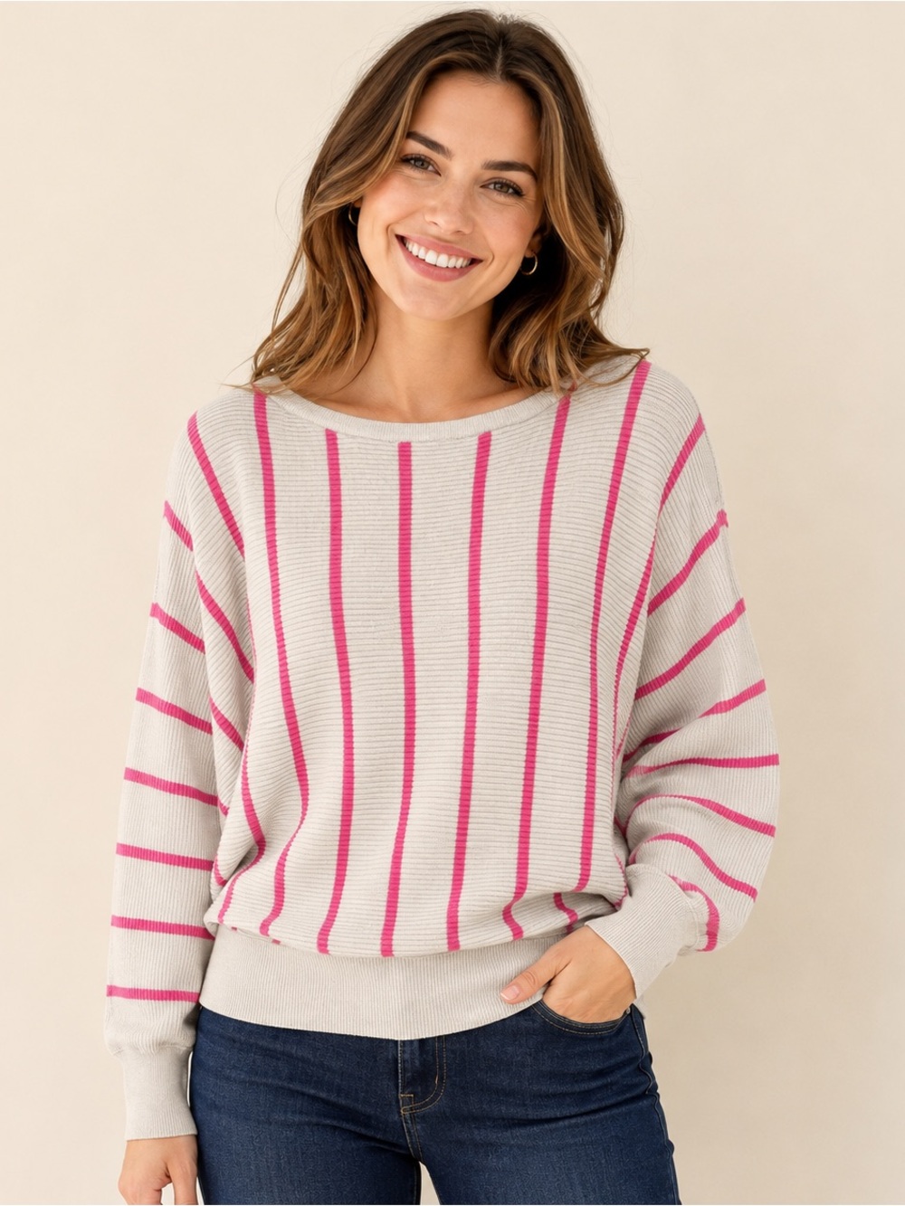 Philosophy Pink Ivory Striped Ribbed Dolman Batwing Pullover Sweater S
